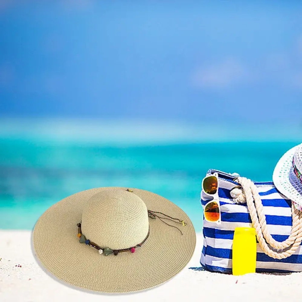 Bohemian Large straw hat with beading detailing with chin strap and bow tie - Picture 3 of 15